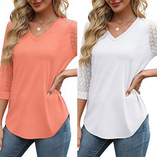 Hollow Three-Quarter Sleeve Solid Color Top Set