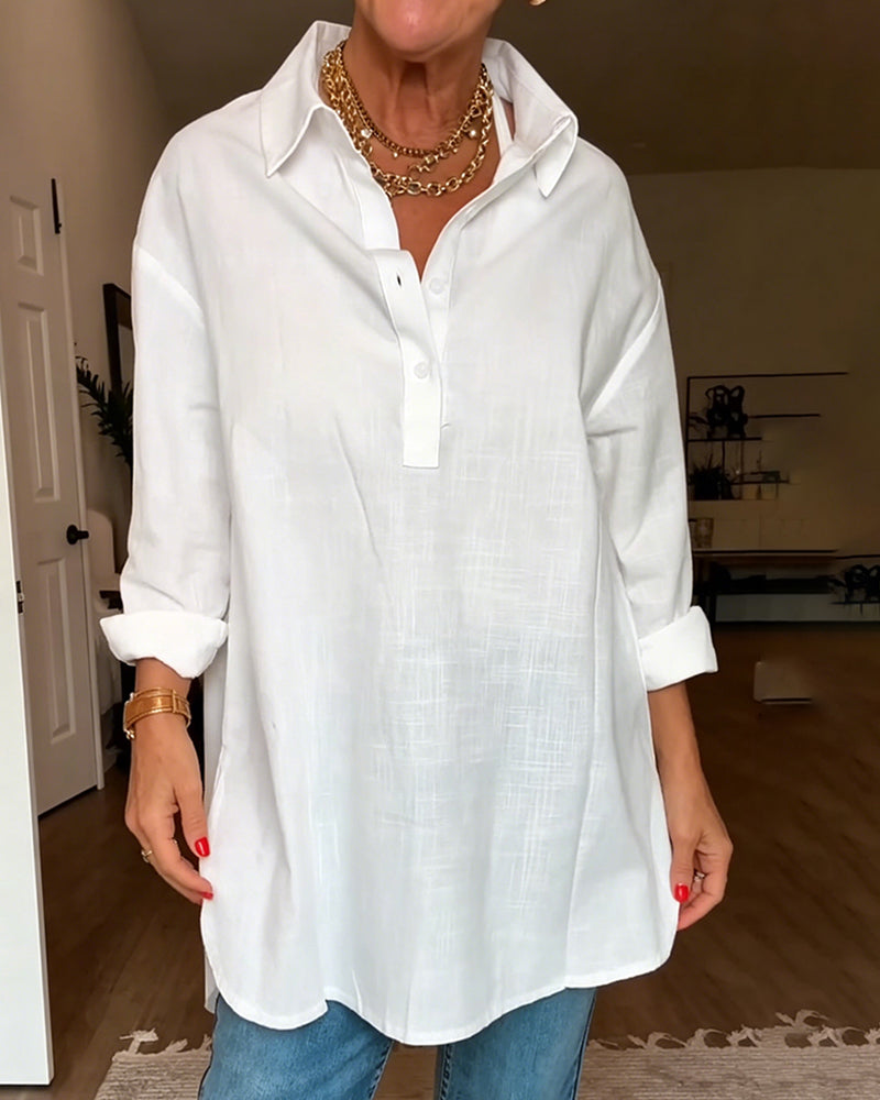 V-Neck Button Solid Color Loose Blouse
