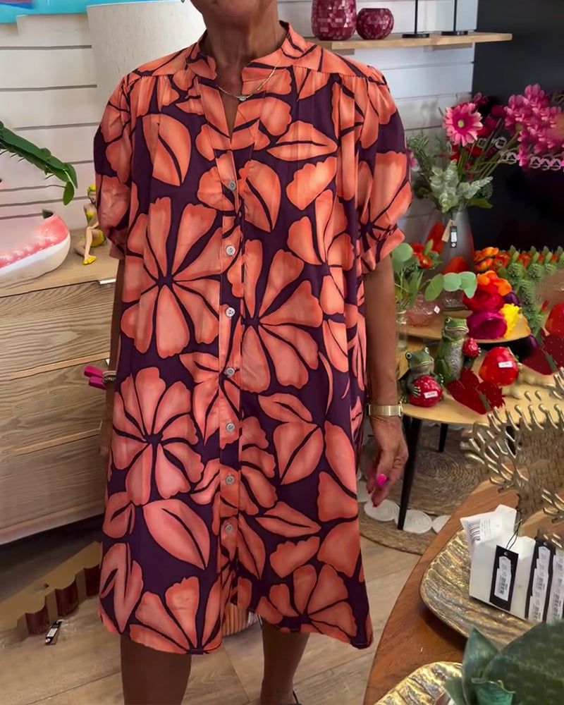 Puff Sleeve Floral Stand Collar Shirt Dress