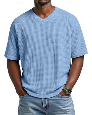 Men's Waffle V-Neck Tee, Solid Color Casual Short Sleeve Top