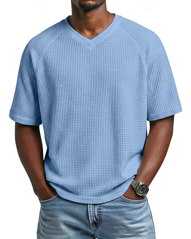 Men's Waffle V-Neck Tee, Solid Color Casual Short Sleeve Top