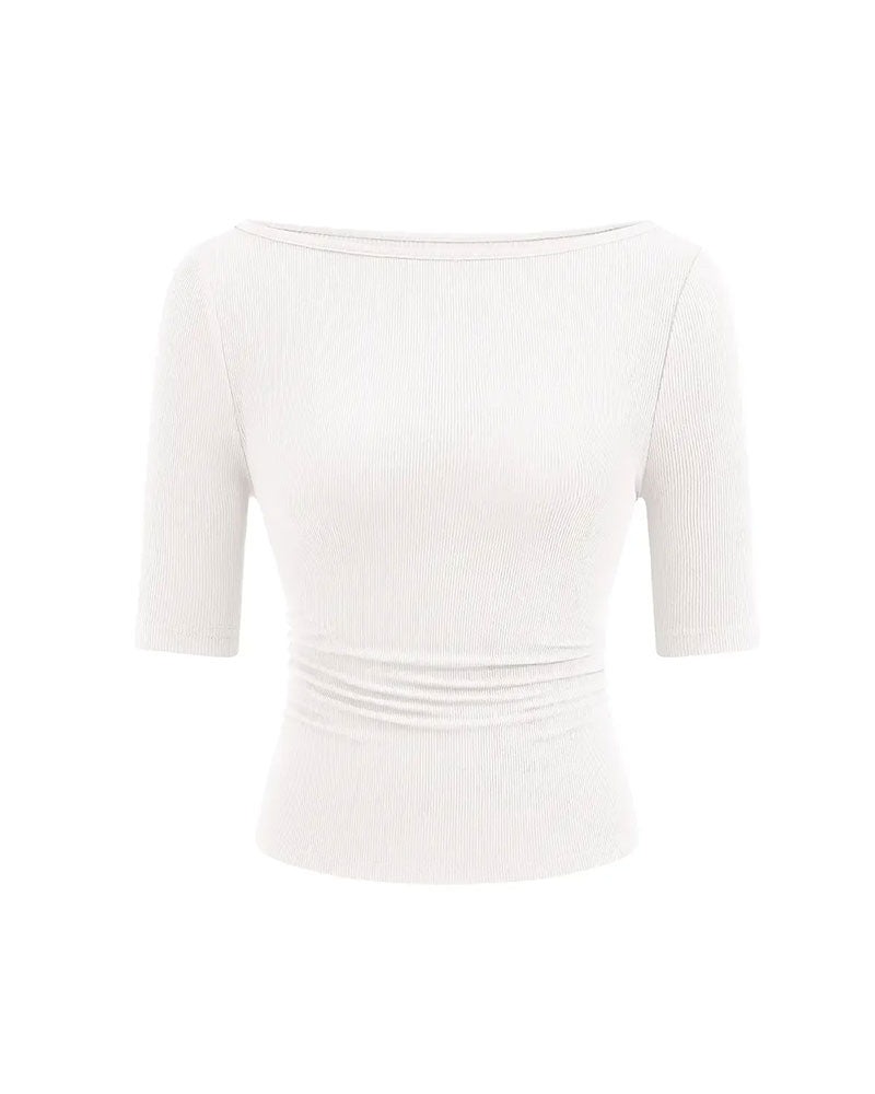 Off-Shoulder Knitted Solid Color T-Shirt