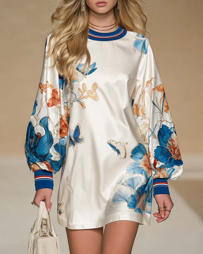 Puffed Sleeve Color-Block Print Dress