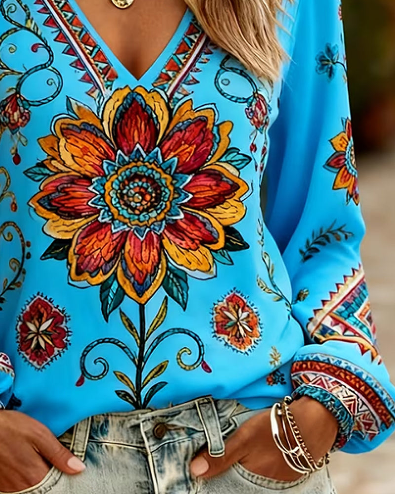 Lantern Sleeve Bohemian V-Neck Blouse