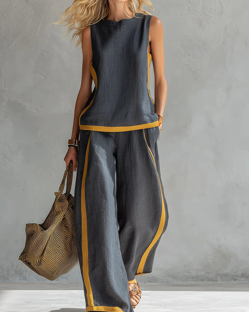 Sleeveless Casual Color-Blocked Two-Piece Set