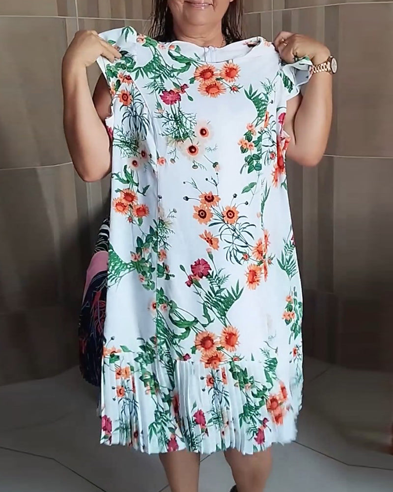 Paneled pleated floral print dress