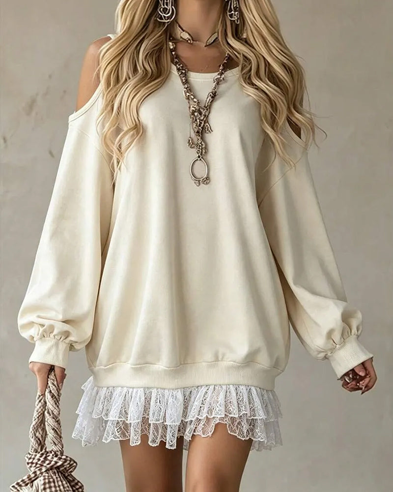 Cold Shoulder Lantern Sleeve Lace Patchwork Dress