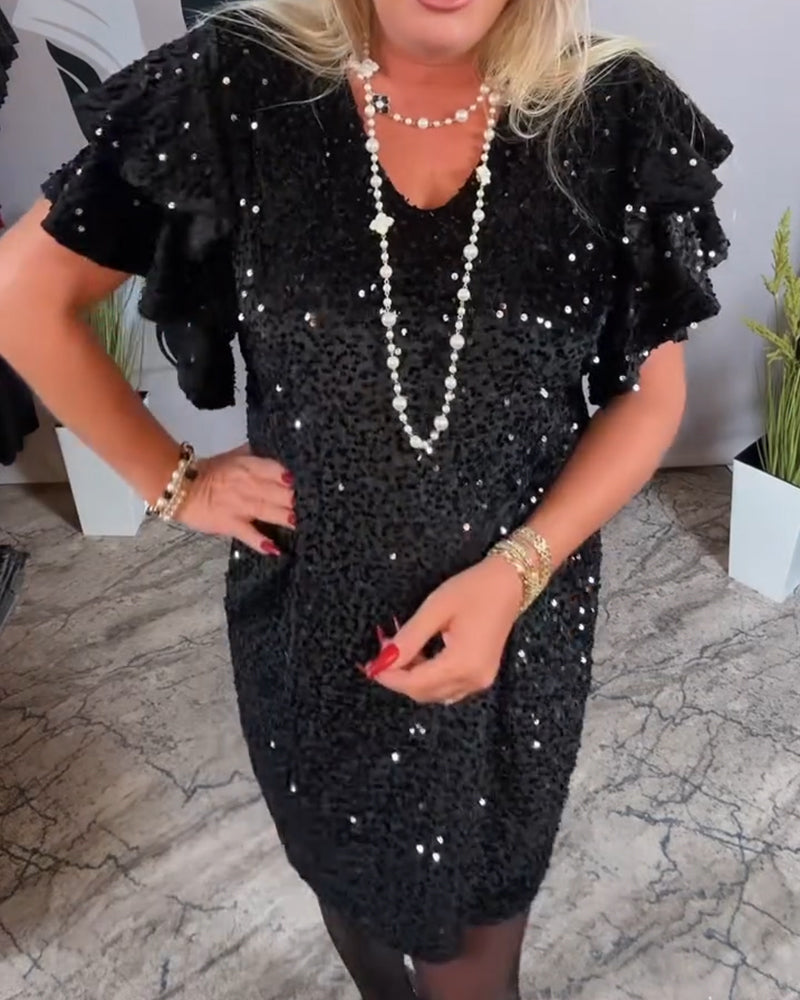 V-Neck Ruffle Sleeve Velvet Sequin Dress