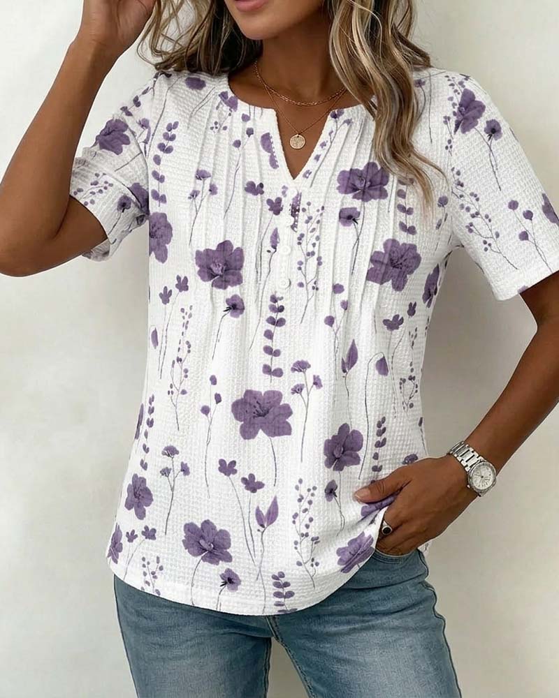 Waffle V-Neck Floral T-Shirt