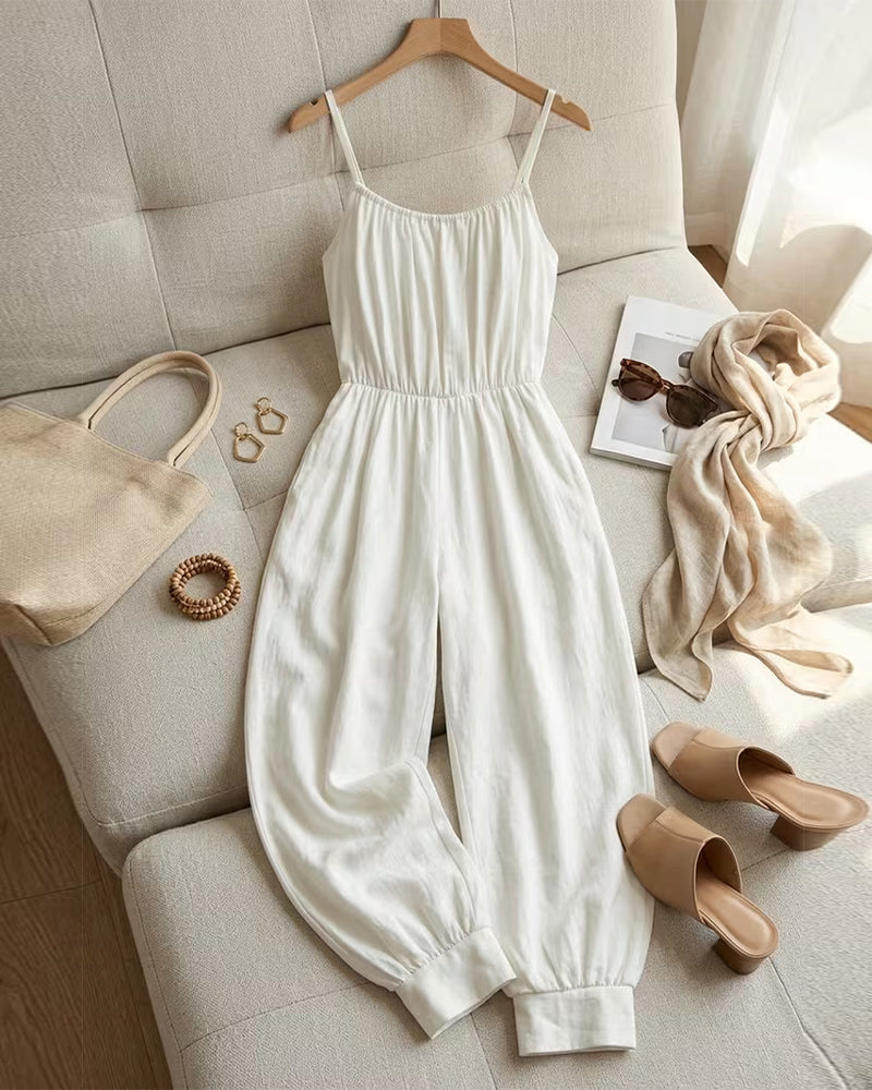 Spaghetti Strap Pleated Waist-Cinching Wide Leg Jumpsuit