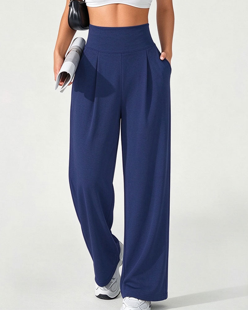 High Waist Pocket Solid Color Wide Leg Pants
