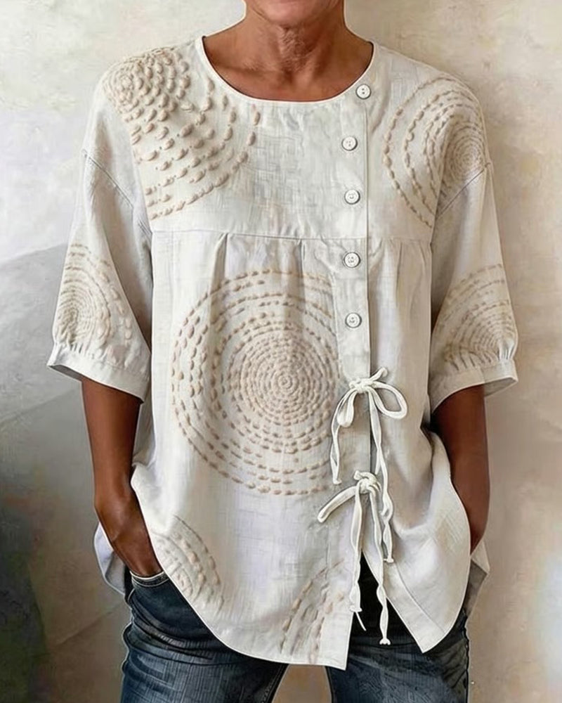 Round-Neck Loose Side-Tie Printed Blouse