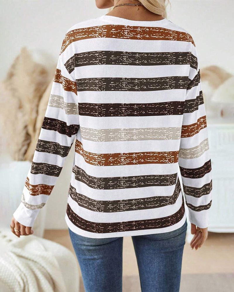 Crew Neck Long Sleeve Striped Casual Top