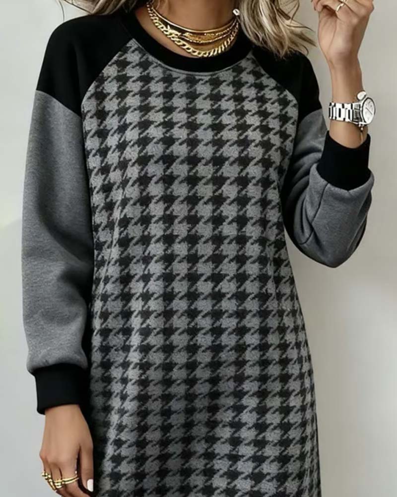 Round Neck Houndstooth Color-Block Dress