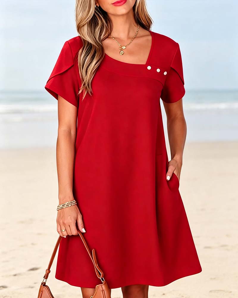 Asymmetric Neck Button Short-Sleeve Solid Dress