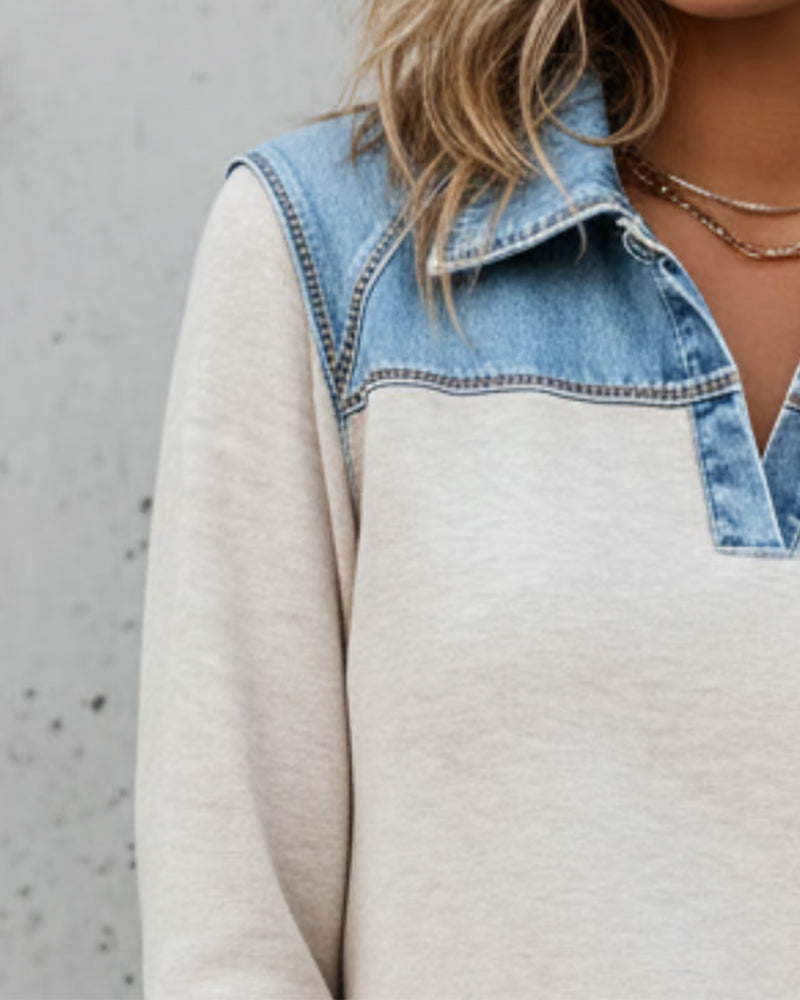 Fashionable Lapel Color Block Spliced Sweatshirt