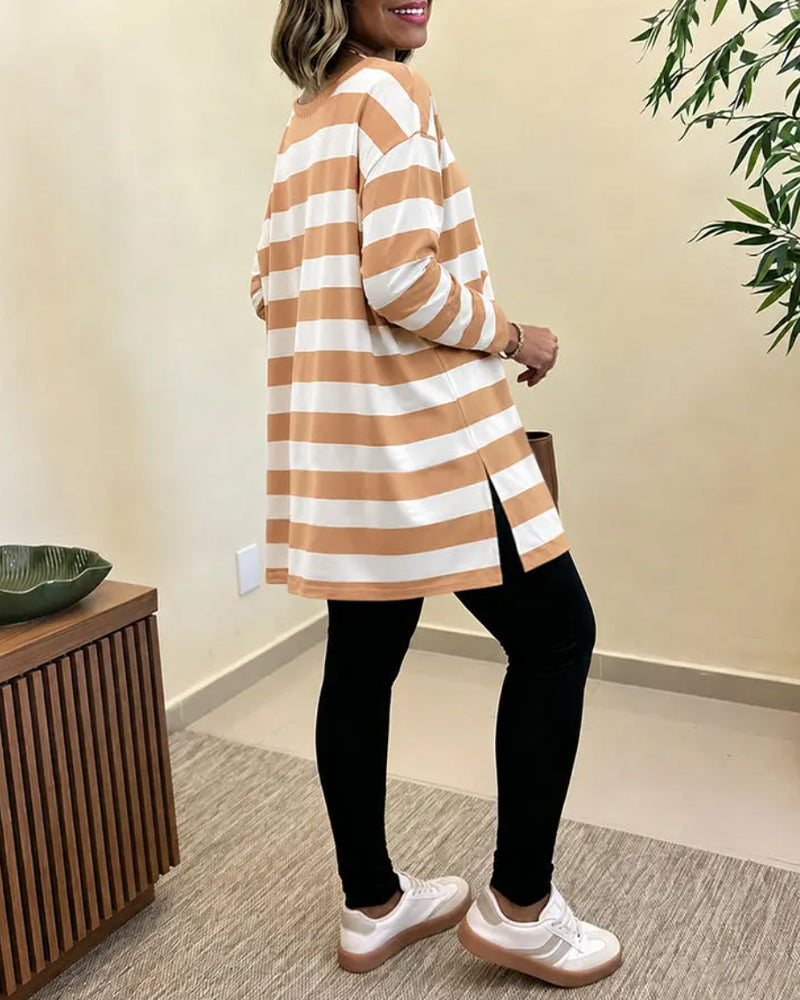 Wide Striped Crew Neck Long Sleeve Top