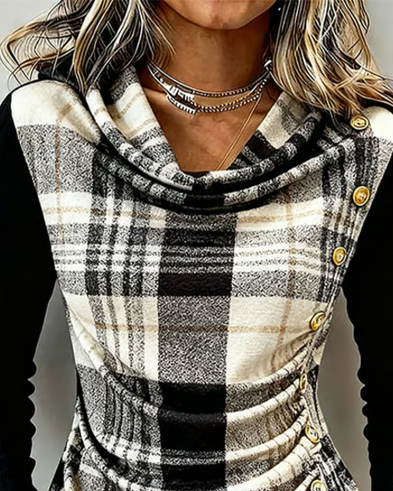 Turtleneck pleated plaid patchwork top