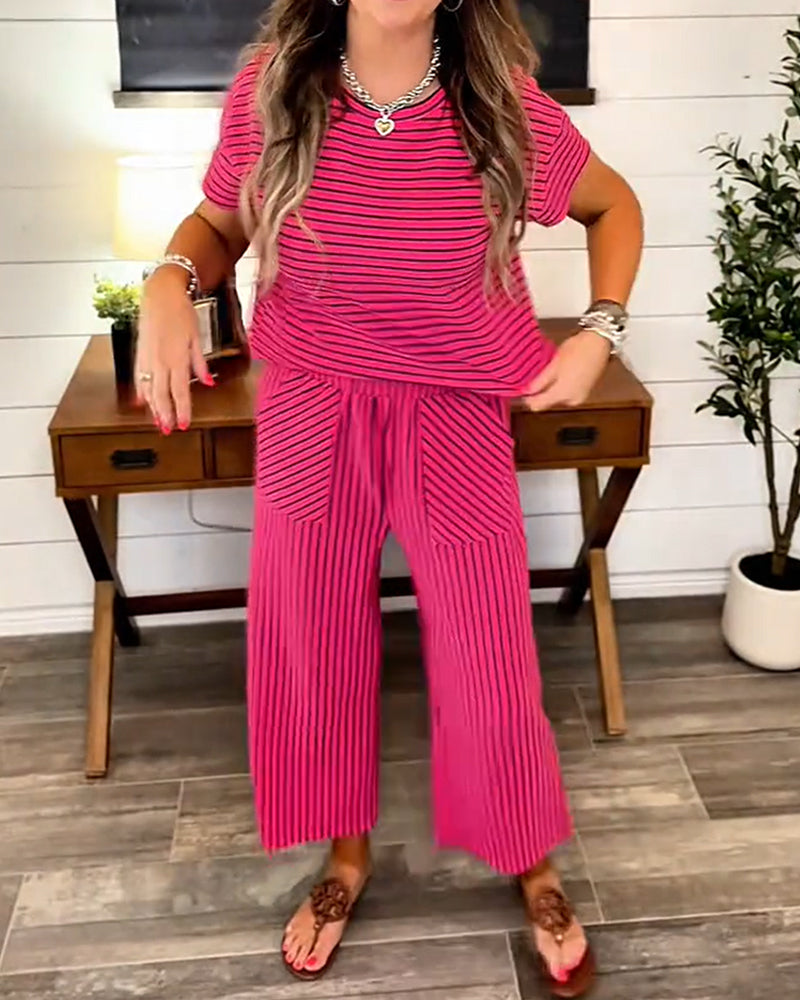 Round Neck Striped Elastic Waist Pocket Set