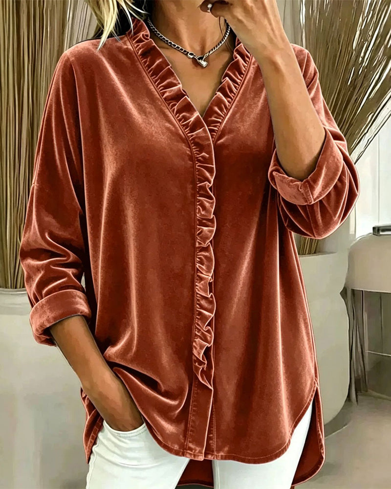Solid Color Ruffled Slit Top