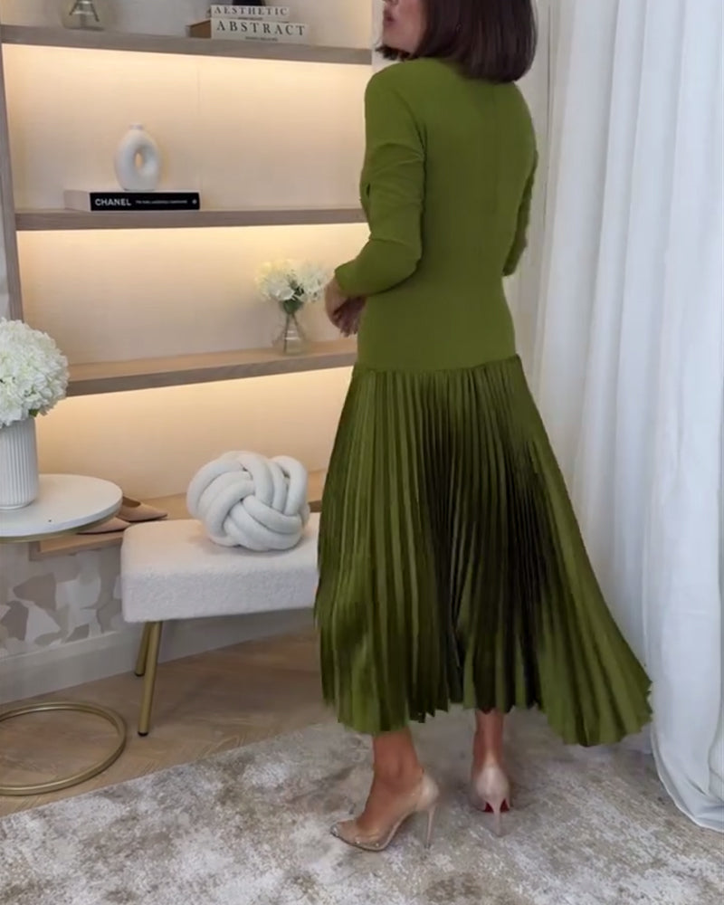 Casual solid color long sleeve pleated dress