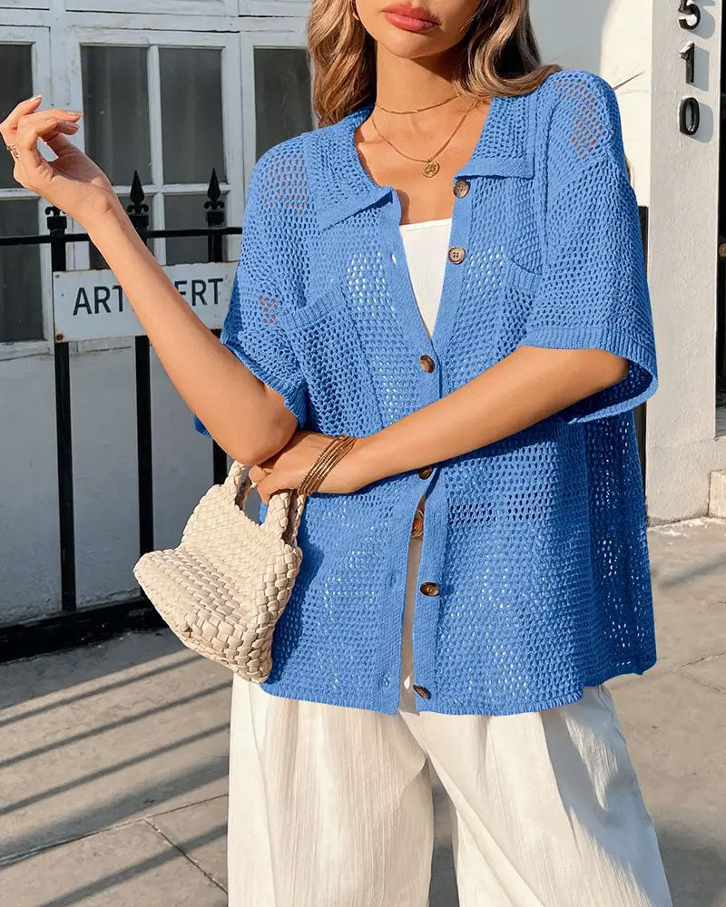 Lapel Hollow Mesh Cardigan