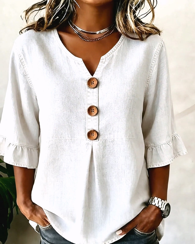 V-Neck Flared Sleeve Denim Blouse