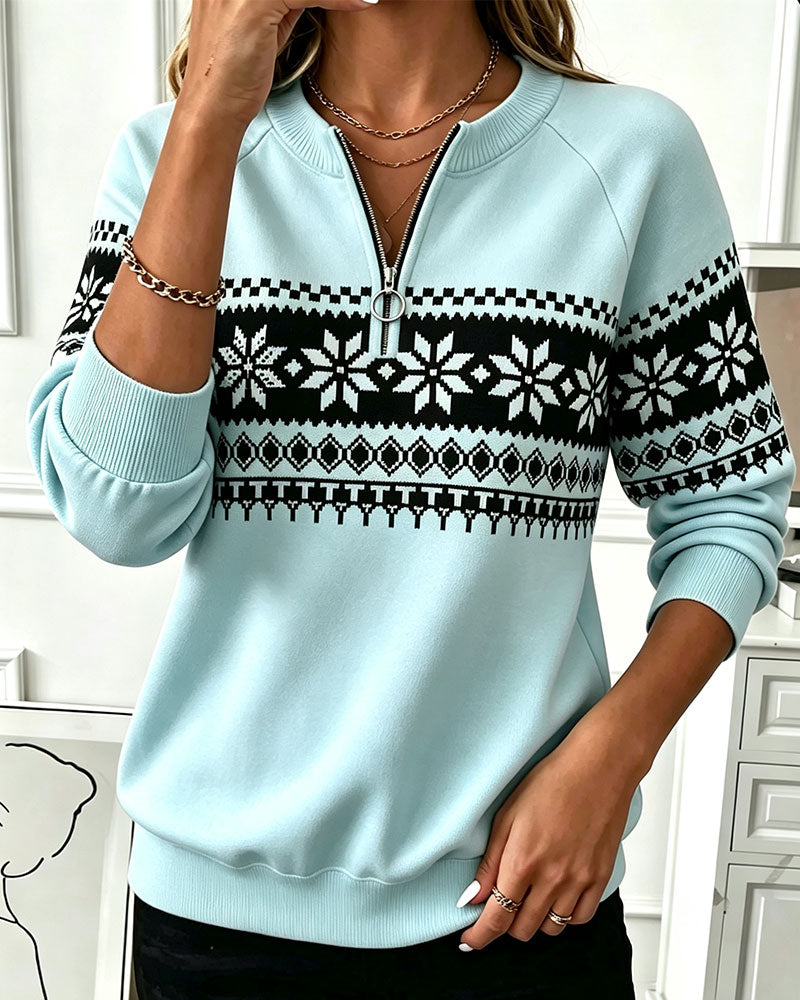 Snowflake Printed Half-Zip Sweatshirt