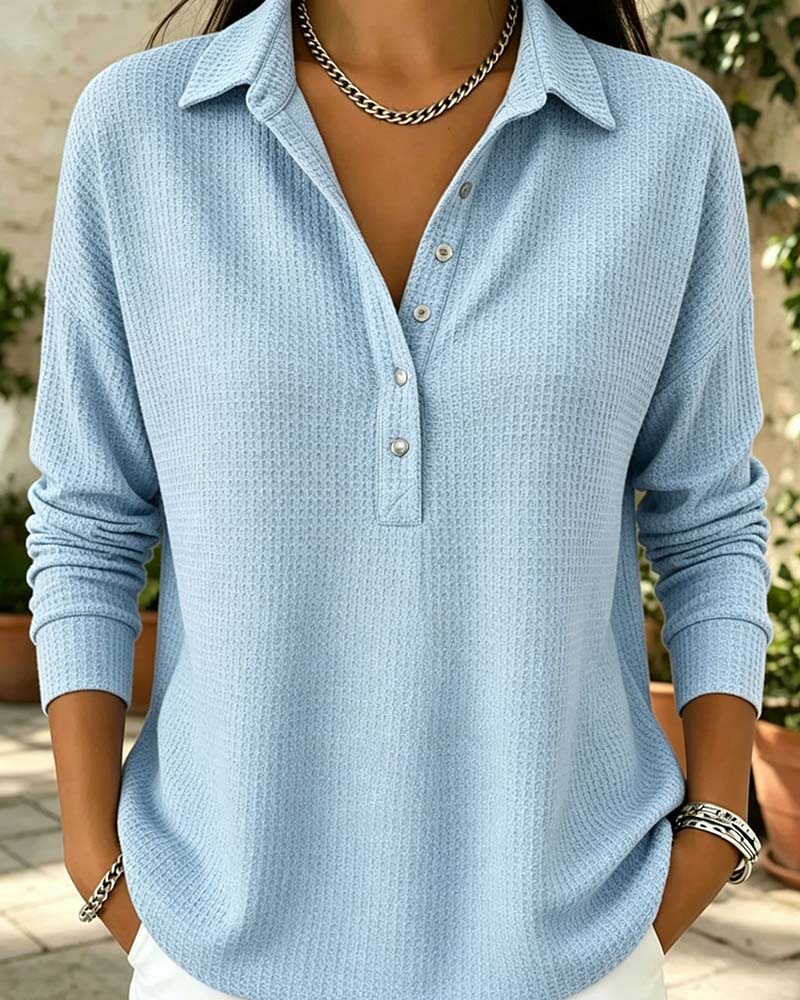 Waffle Lapel Long Sleeve Top