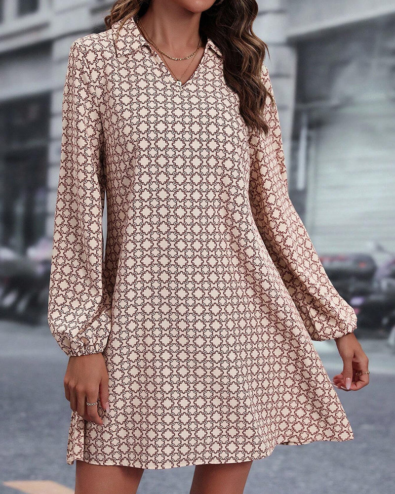 Lapel Long Sleeve Printed Dress
