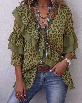V-Neck Ruffle Leopard Blouse