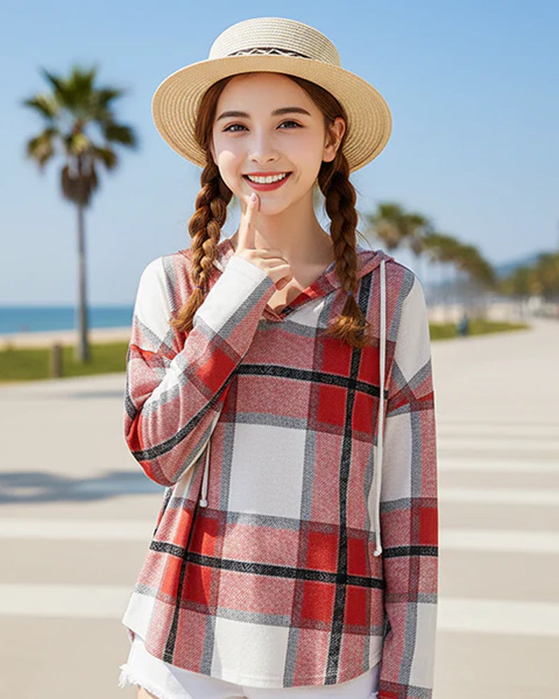 Women's Plaid V-Neck Hooded Long Sleeve Drawstring Sweater