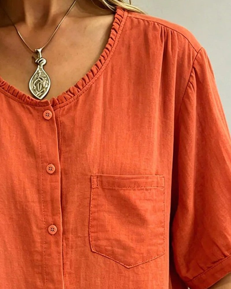 Ruffle Trim Button Pocket Blouse