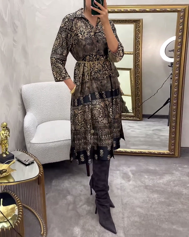Casual Print Button-Down Pocket Dress