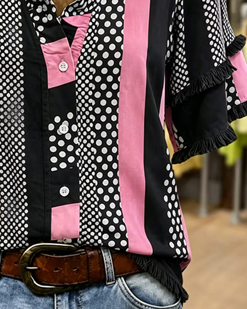 Polka Dot Contrast Patchwork Ruffle Shirt