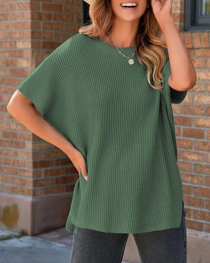 Solid Crewneck Batwing Sleeve Pullover