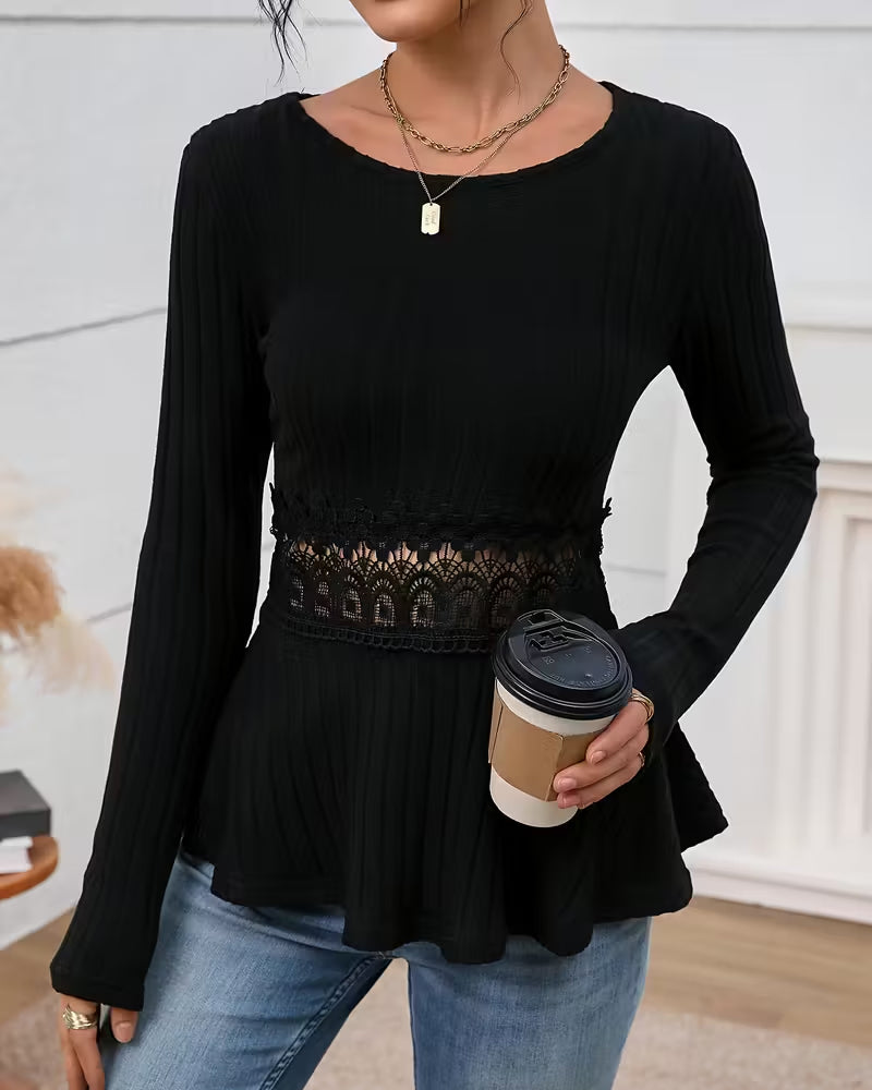 Waist-Cinching Round Neck Long-Sleeved Top