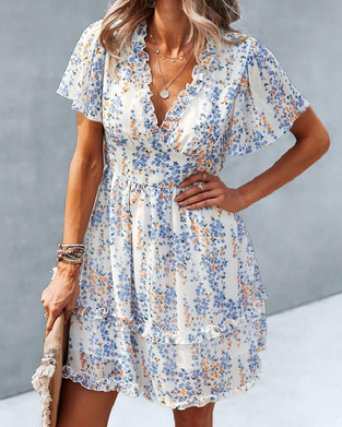 Tiny Floral V-Neck Ruffled Dress