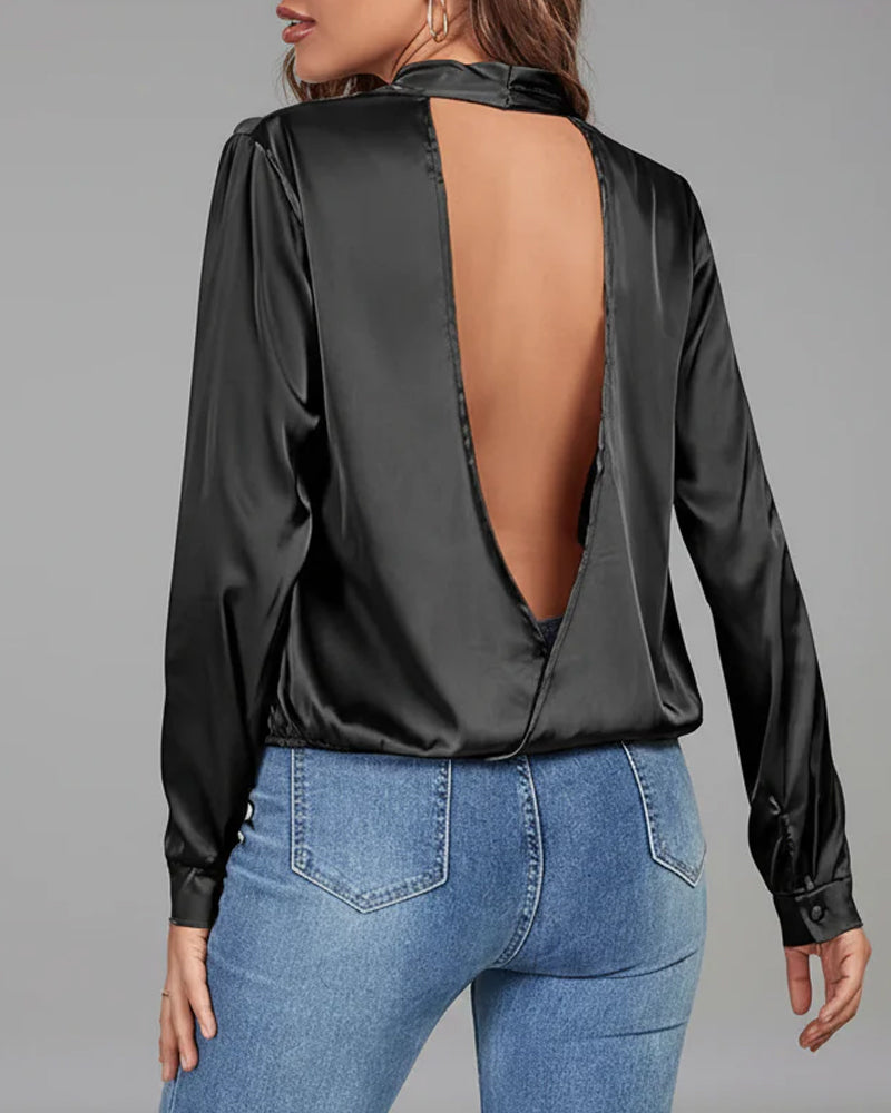 Elegant Solid Color Long-Sleeved Backless Shirt