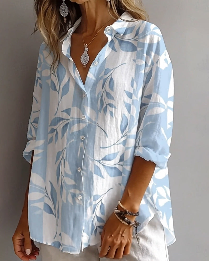 Plant Leaf Print Lapel Shirt