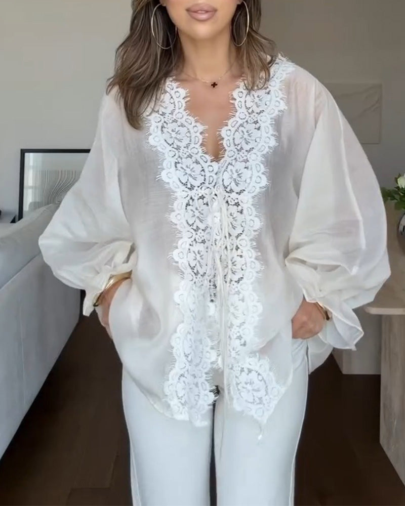 V-Neck Lace Panel Ruffle Blouse