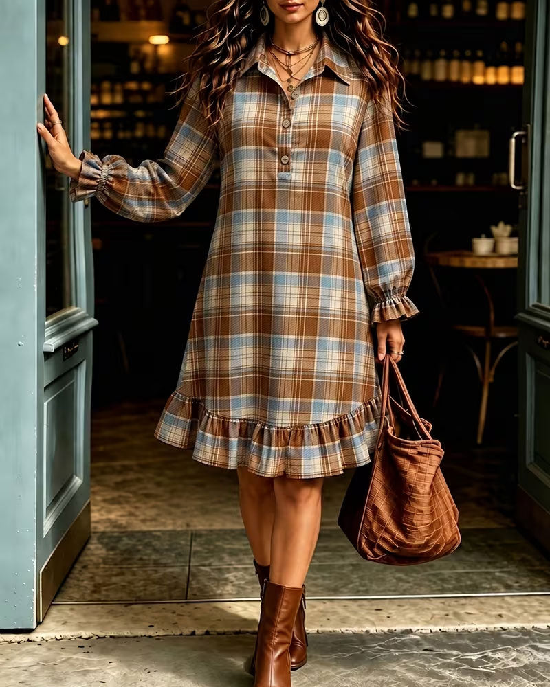 Lapel Button Plaid Dress