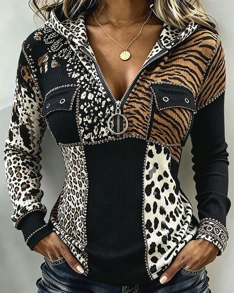 Leopard Patchwork Half Zip Hooded Top