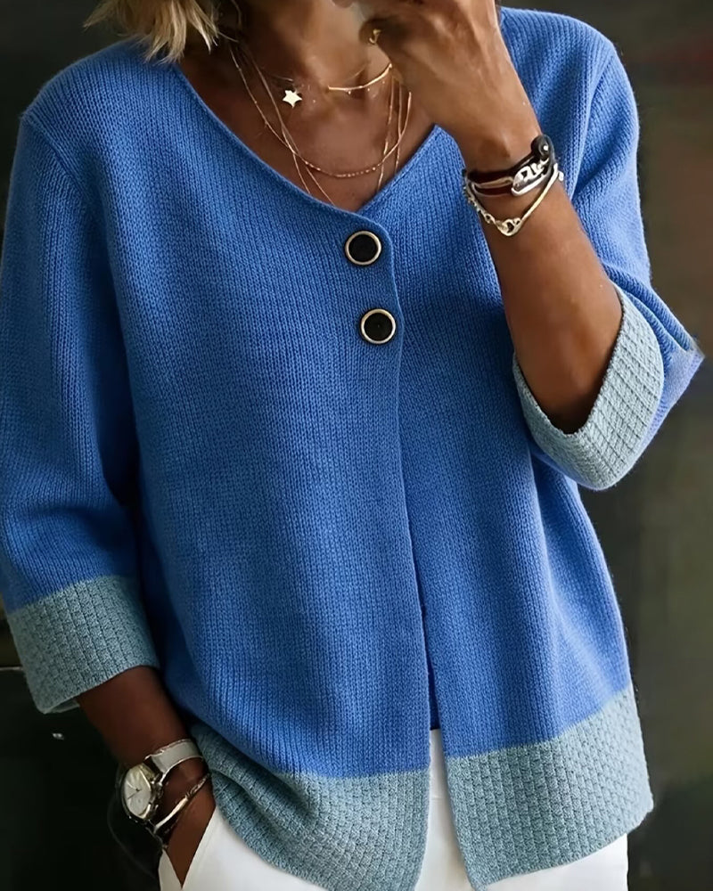 Contrast Color V-Neck Two-Button Cardigan