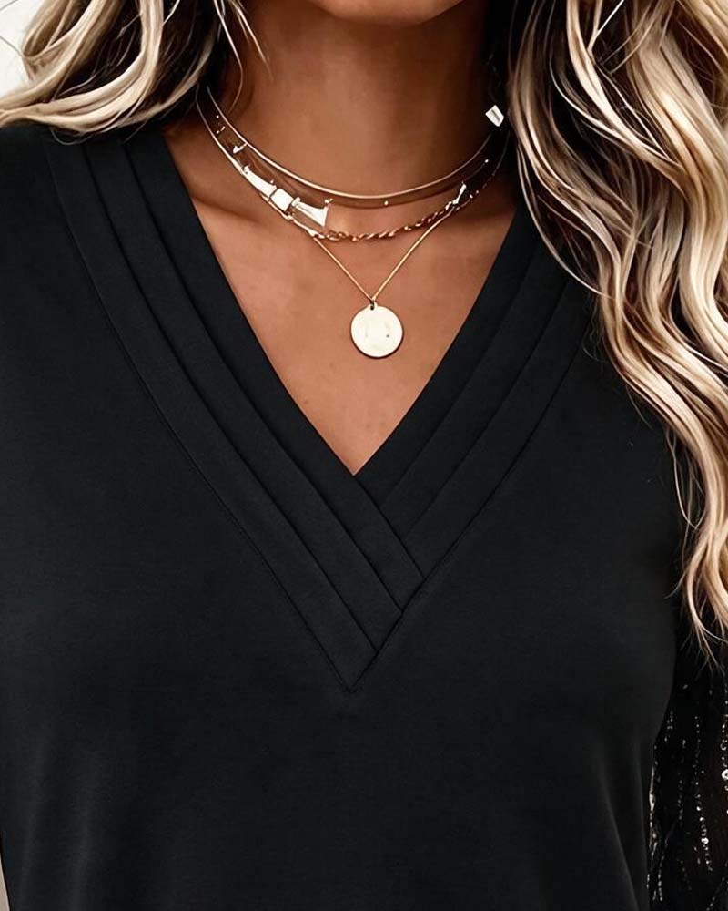 V-Neck Mesh Long-Sleeved Patchwork Top