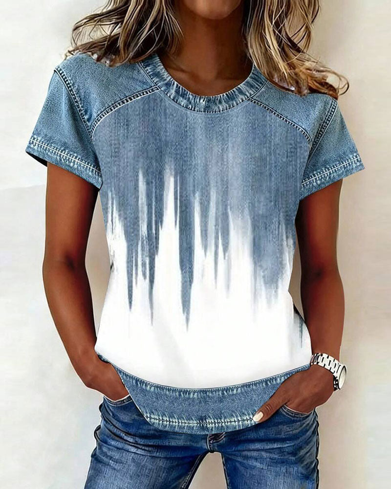 Denim Patchwork Tie-Dye Short Sleeve T-Shirt