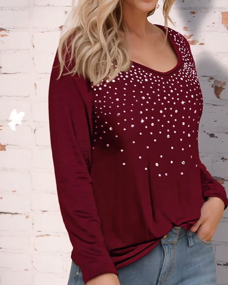 U-Neck Rhinestone Fashion Top