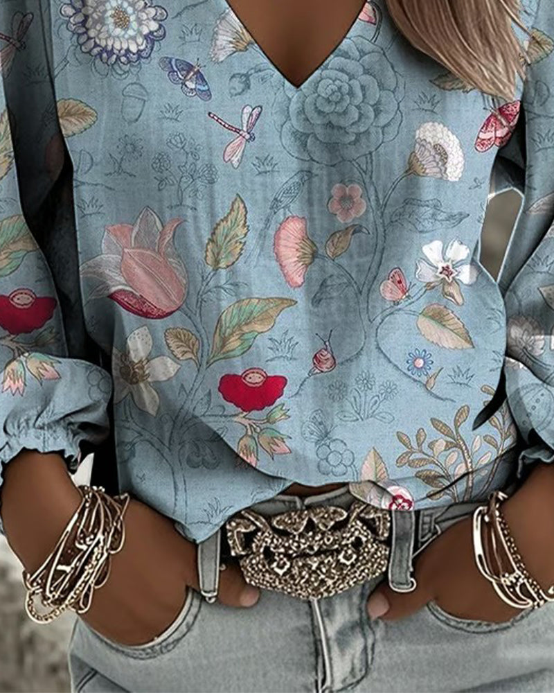 Floral and Insect Puff Sleeve Blouse