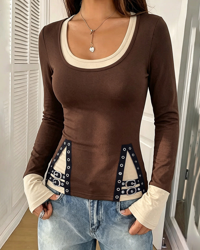 Faux Two-Layer Contrast Collar Top