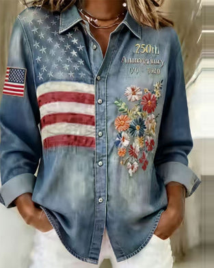 Turn-down Collar Print Embroidery Shirt